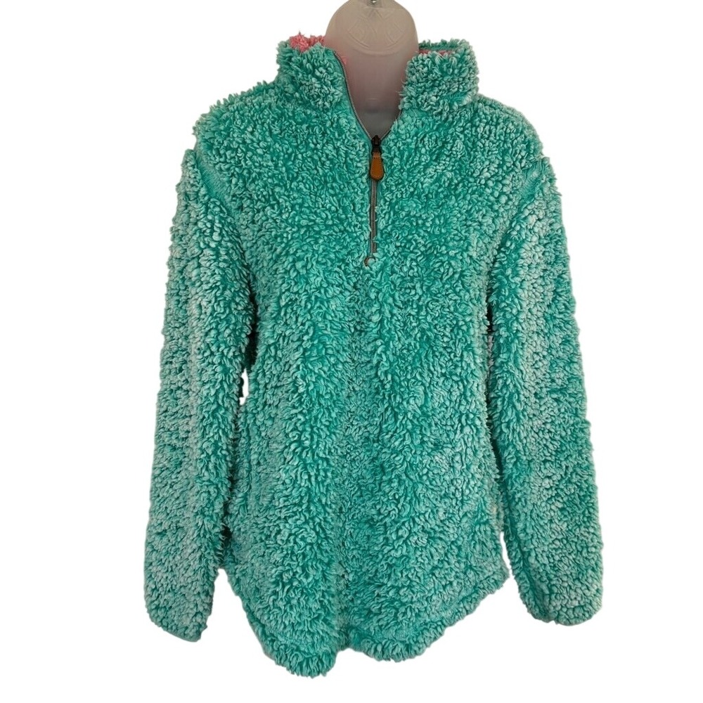 Simply Southern Full Sherpa Pullover Sweater‎ Youth L Sea Glass Teal Pink